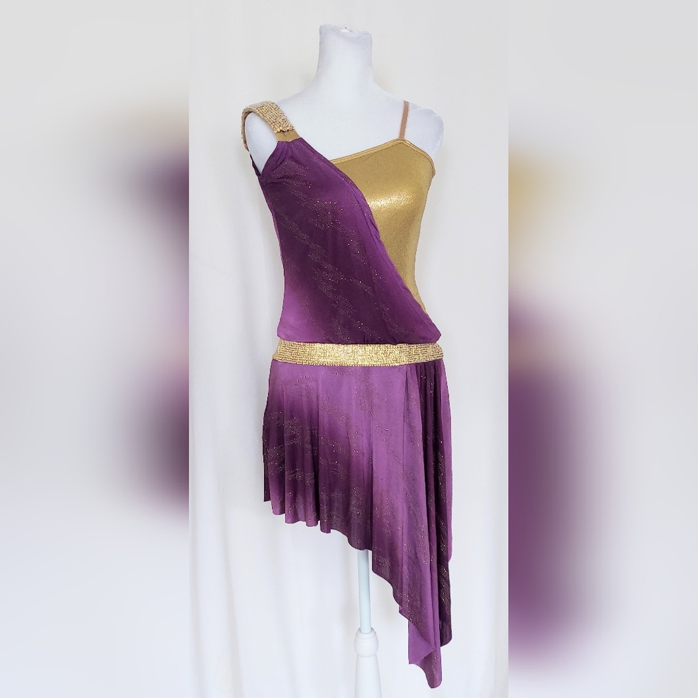 Curtain Call Asymetrical Dance Skating Costume Purple Gold Womens Juniors